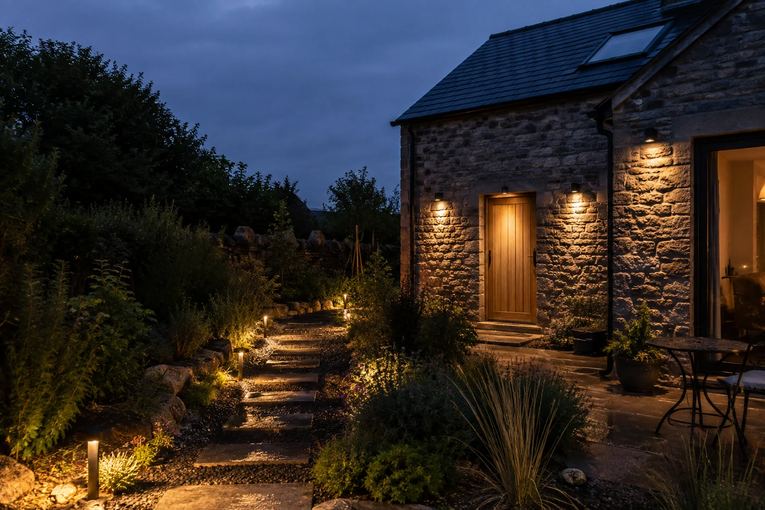 Welsh-style stone home with a warmly lit garden path