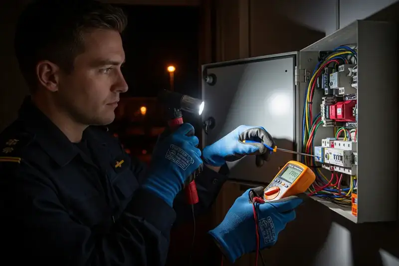 Emergency electrician attending fault at South Wales property